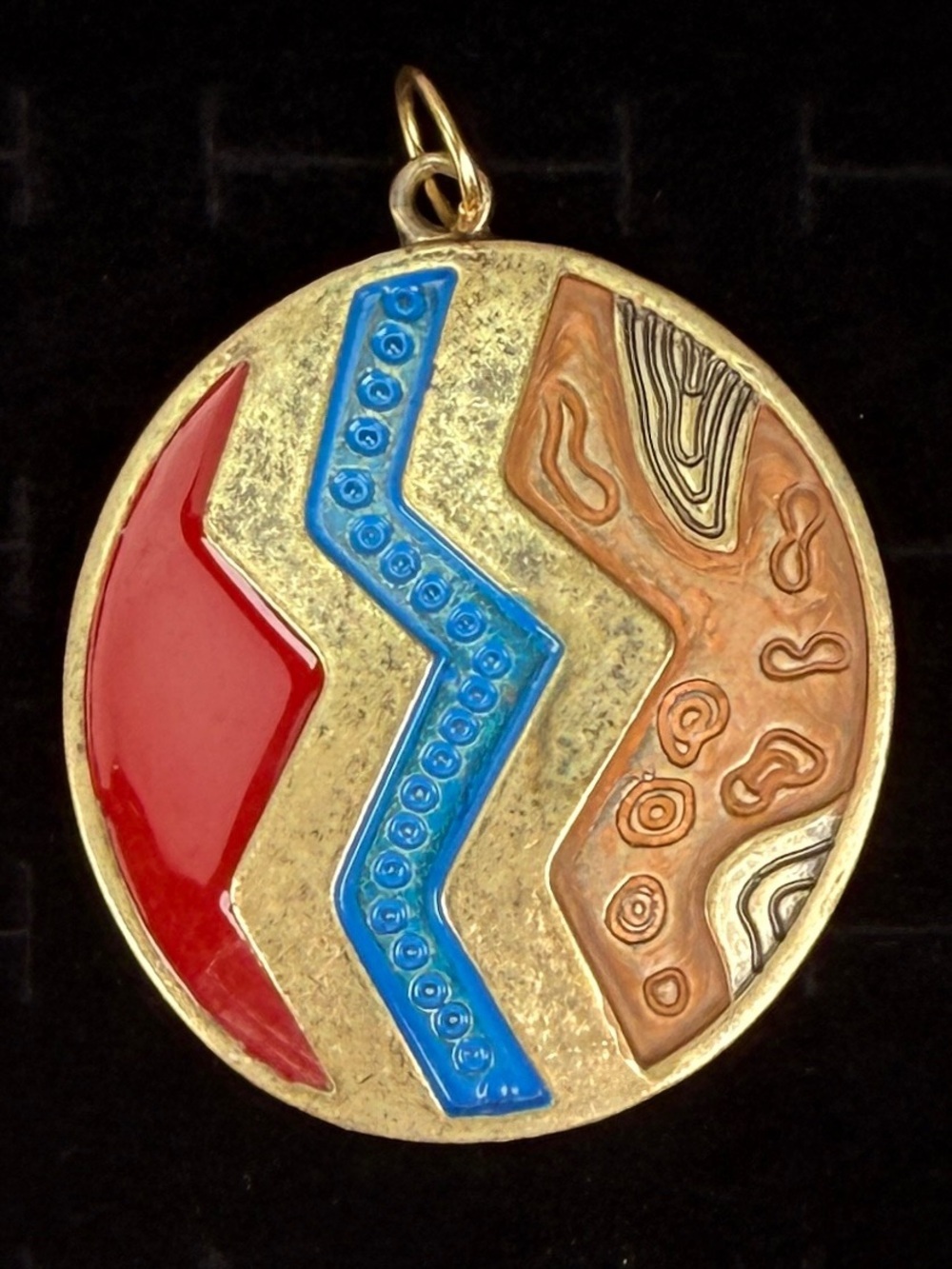 Vintage large Goldtone Round Pendant Necklace with Red and Blue Enamel Accents